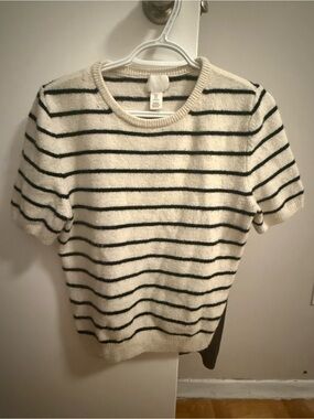 H&M Cream and Black Striped Short-Sleeve Tee